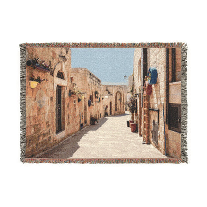 Old Town Birzeit Mediterranean Alley Woven Blanket — Vintage Stone Street Tapestry Throw