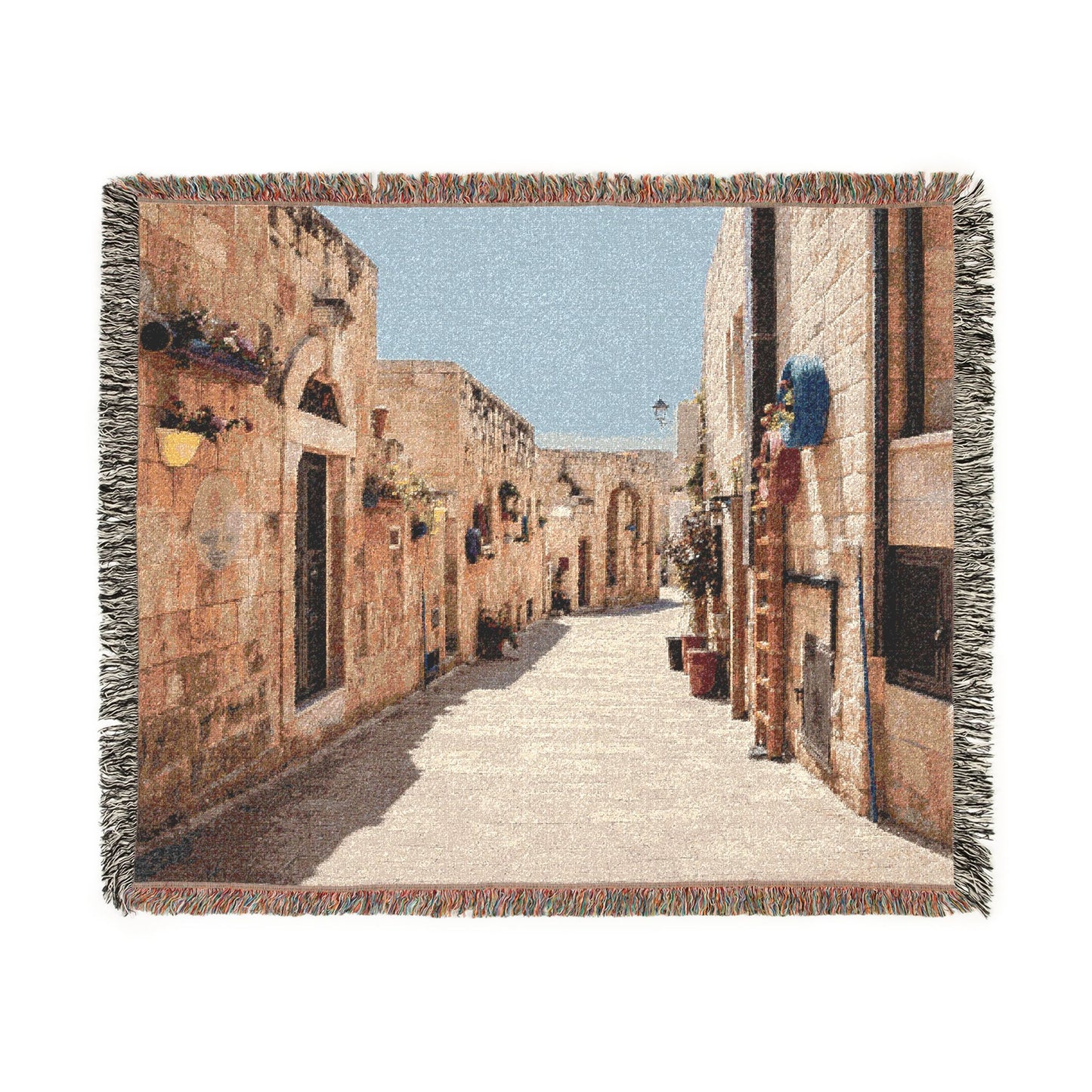 Old Town Birzeit Mediterranean Alley Woven Blanket — Vintage Stone Street Tapestry Throw
