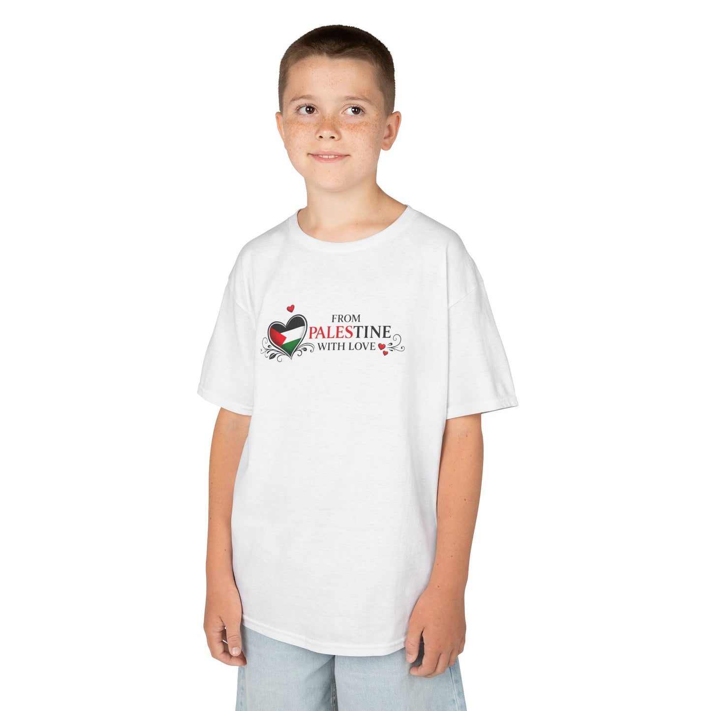 Kids T‑Shirt — "From Palestine With Love" Heart Flag Design