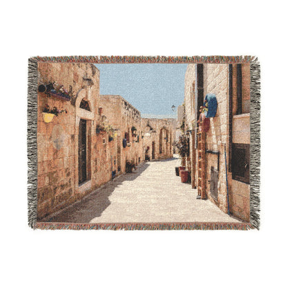 Old Town Birzeit Mediterranean Alley Woven Blanket — Vintage Stone Street Tapestry Throw