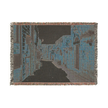 Old Town Birzeit Mediterranean Alley Woven Blanket — Vintage Stone Street Tapestry Throw