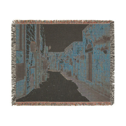 Old Town Birzeit Mediterranean Alley Woven Blanket — Vintage Stone Street Tapestry Throw