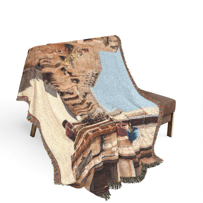 Old Town Birzeit Mediterranean Alley Woven Blanket — Vintage Stone Street Tapestry Throw